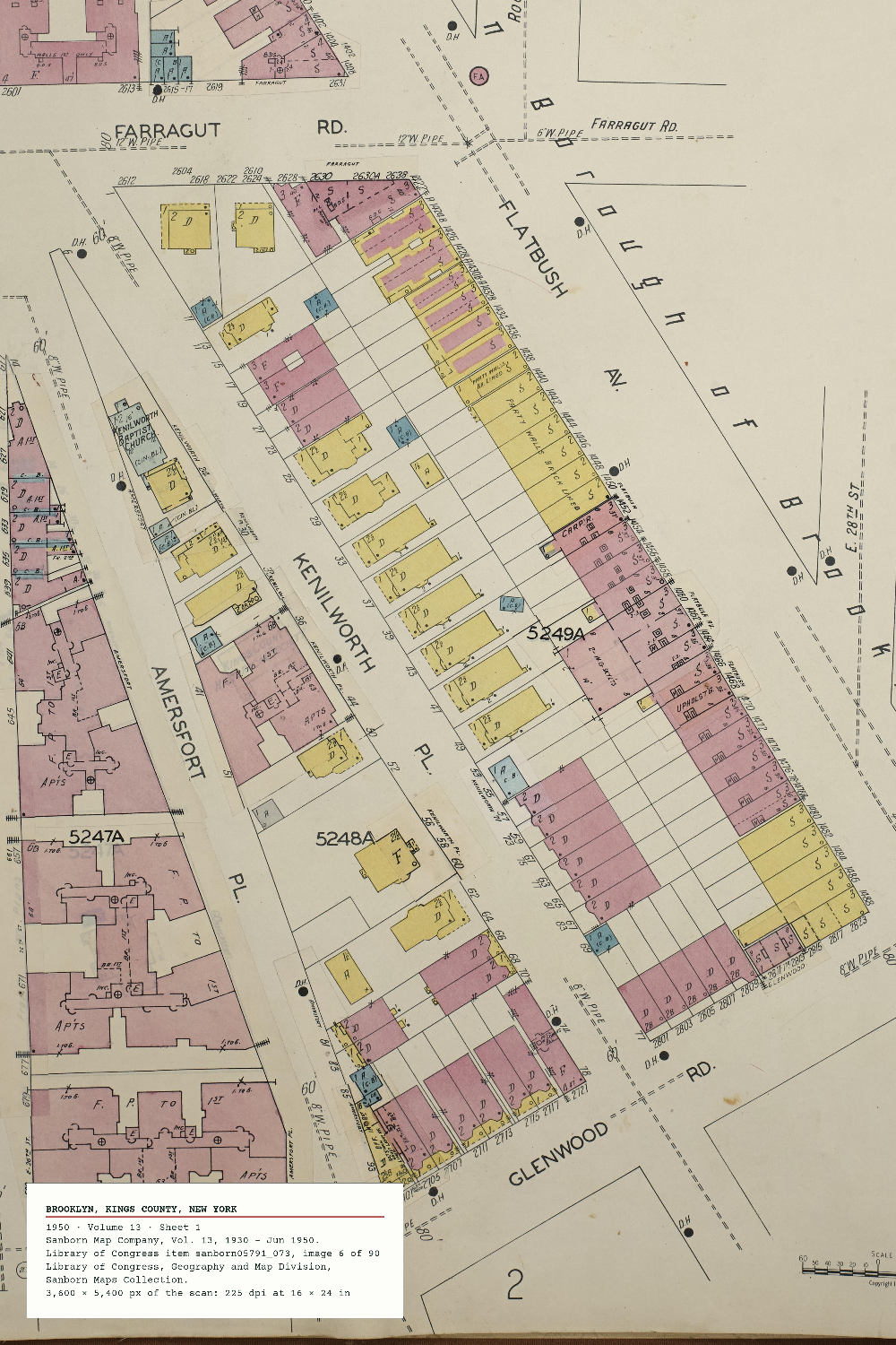 A block of Flatbush, Brooklyn, on the 1950 Sanborn sheet: Kenilworth Place and Amersfort Place between Farragut Road and Glenwood Road, brick buildings in pink and frame houses in yellow, with a typed citation slip in the bottom-left corner.